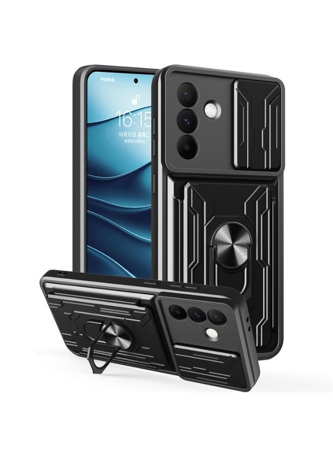 جراب شيلد لـ Samsung S25 FE بحماية كاملة ضد الصدمات وغطاء كاميرا متحرك مع دبلة معدنية وحافظة بطاقات - Image 1